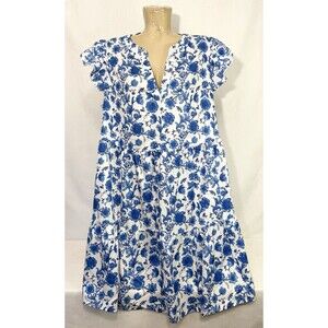 Emery Rose Dress Plus Size 3XL 45" Short Sleeve A Line V Neck Blue White Floral